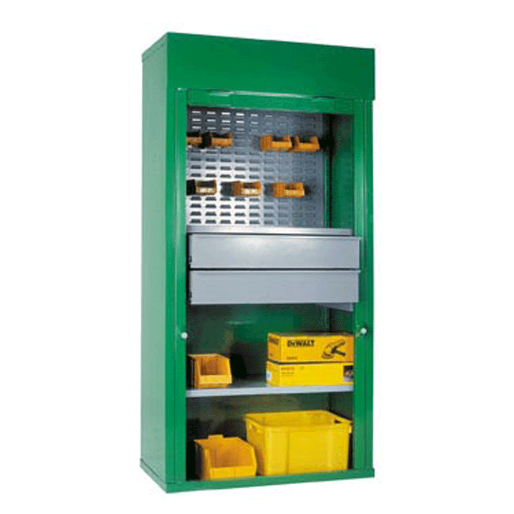 Heavy Duty Roller Shutter Cabinet with 2 Draws, 1/2 Louvered & 1 Shelf